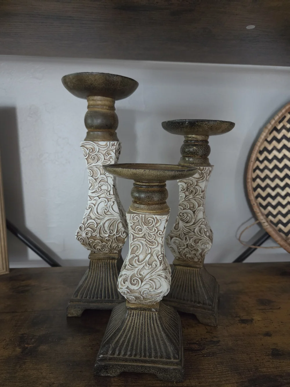 Ornate White and Antique Gold Decorative Candle Holders - Set of 3